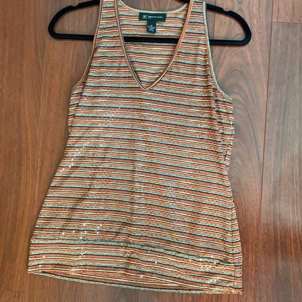 INC earth tone sequined V neck tank with band hem